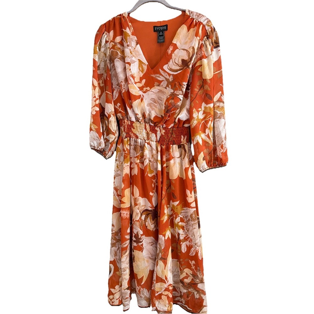 Floral Chiffon fairycore Artsy princess spring Dress 8 Cottage Boho Burnt Orange